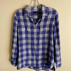 Womens Madewell Plaid Button Up Shirt Blue White Small Hi Lo Spring EUC